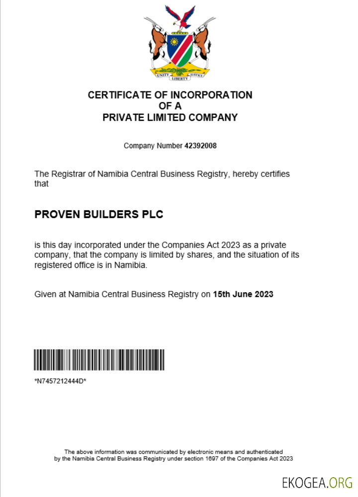 Modèle Word et PDF de certificat d'enregistrement de société en Namibie